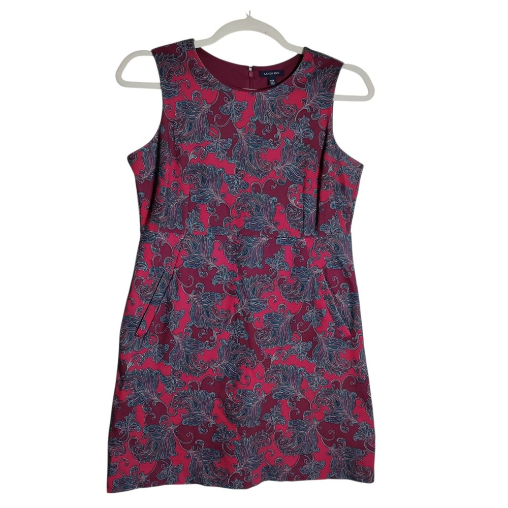 Lands End Womens 14P Red Blue Paisley Ponte Sleeveless Sheath Dress Pockets 3209